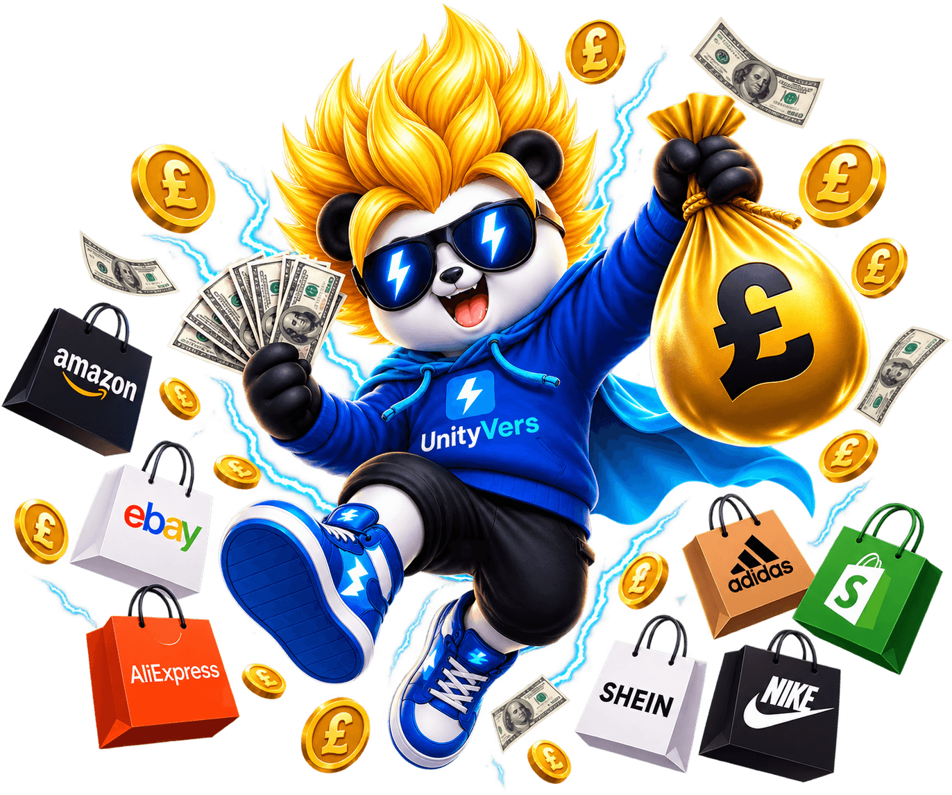 UnityVers cashback mascot surrounded by shopping bags and cash